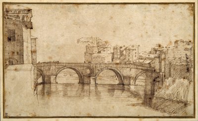 Isola Tiberina, Roma (kağıt üzerine kalem ve kahverengi mürekkep) by Agostino (attr. to) Carracci
