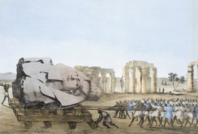 Genç Memnon'un kafasının çıkarıldığı mod, Mısır ve Nubia'daki Araştırmaları gösteren Plakalardan, Giovannie Battista Belzoni, Pub. 1822 (renkli litografi) by Agostino Aglio