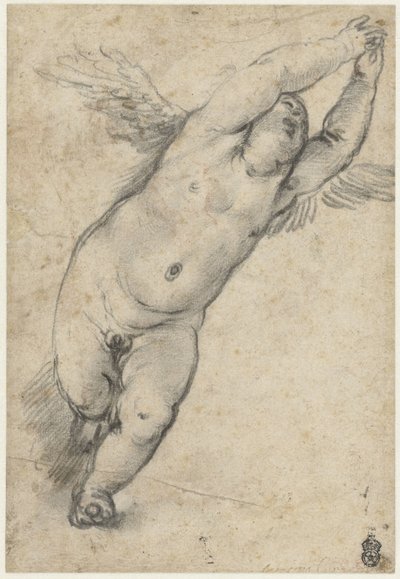 Kollarını kaldırarak uçan putto by Agostino Carracci (attributed to)