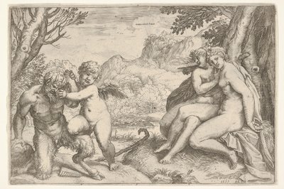 Aşk Her Şeyi Fetheder Omnia vincit Amor, bir satir Amor ile mücadelesinde sağ kn..., 1599. by Agostino Carracci