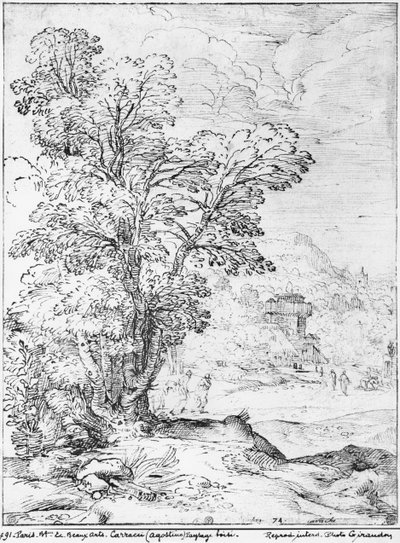 Ormanlık manzara (kağıt üzerine kalem ve mürekkep) (bw photo) by Agostino Carracci
