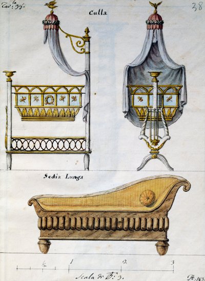 Agostino Fantastici tarafından tasarlanan ve tasarlanan marangoz ve çilingir çalışmalarından bebek yatağı ve kanepe), el yazması 3, levha 38 by Agostino Fantastici