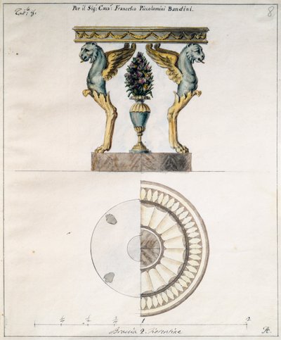 Agostino Fantastici (1782-1845) tarafından Francesco Piccolomini Bandini için tasarlanan sehpa, çizim, İtalya by Agostino Fantastici