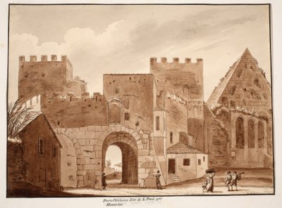 Honorius tarafından inşa edilen Porta Ostiensis veya San Paolo, 1833 (kahverengi cilalı gravür) by Agostino Tofanelli