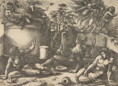 Kabil bir ayna tutarak kurbanının alevler içinde yutulmasını izliyor, Adem ve Havva oturuyor..., yakl. 1530-50. by Agostino Veneziano