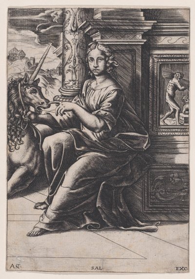Chastity, oturan bir kadın, sağında bir tek boynuzlu at, c. 1515-30. by Agostino Veneziano