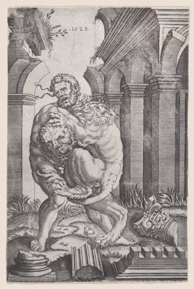 Herkül Nemea Aslanını Boğuyor, 1528 tarihli. by Agostino Veneziano