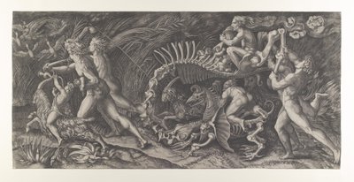 Lo Stregozzo: Bir hayvan iskeletine binen bir dişi cadı, önünde iki erkek ve ..., yaklaşık. 1515-25. by Agostino Veneziano