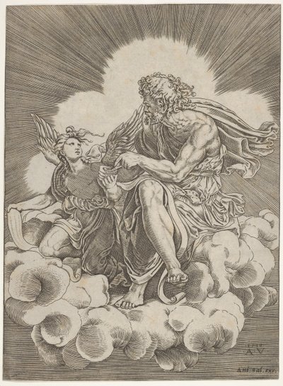 Aziz Matta, bir bulutun üzerinde oturuyor ve bir tüy kalemi bir meleğin tuttuğu hokkanın içine daldırıyor..., ca. 1518-20. by Agostino Veneziano