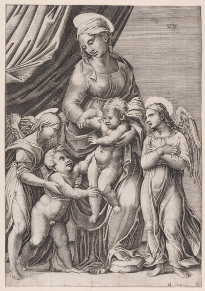 Bakire, Bebek İsa, Bebek Aziz John ve İki Melek, 1516 tarihli. by Agostino Veneziano