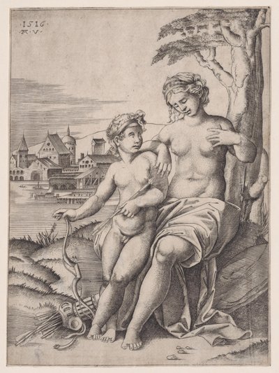 1516 tarihli Venüs ve Eros. by Agostino Veneziano