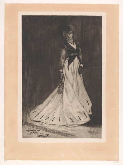 Eldivenli ve küçük şapkalı ayakta duran kadın Manette Salomon (orijinal başlık) by Albert Bertrand