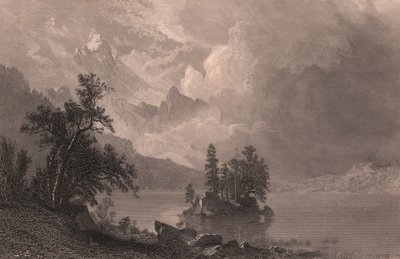 Esther Gölü manzarası, Sierra Nevada, Kaliforniya, Amerika Birleşik Devletleri, Robert Hinshelwood'un (1812-1875'ten sonra) Albert Bierstadt (1830-1902) tarafından çizilen çelik gravürü, yaklaşık 19x14 cm by Albert Bierstadt