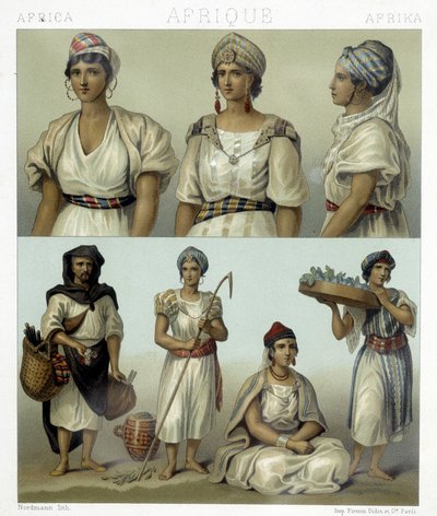 Kabil kadınlarının kostüm ve başlıkları (üstte). Tunus ve Cezayir kostümleri (altta). Racinet tarafından "" Le kostüm tarihi" "de illüstrasyon by Albert Charles August Racinet