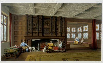 İngiliz lordu ve ailesi, 17. yüzyıldaki evinde. Kromolitografik plaka - Racinet tarafından “” Le kostüm tarihi”nde by Albert Charles August Racinet