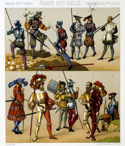 16. yüzyılda Fransız askeri kostümleri. Kromolitografik plaka - Racinet tarafından “” Le kostüm tarihi”nde by Albert Charles August Racinet