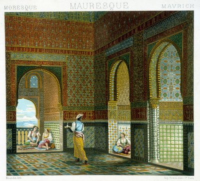 Bir Mağribi evinin içi (Alhambra, Blessing odası). Kromolitografik plaka - Racinet tarafından “” Le kostüm tarihi”nde by Albert Charles August Racinet
