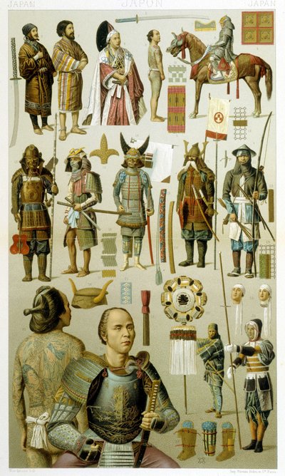 Japon savaşçı kostümleri (samoura veya yakuza veya yakuza). Kromolitografik plaka - Racinet tarafından “” Le kostüm tarihi”nde by Albert Charles August Racinet