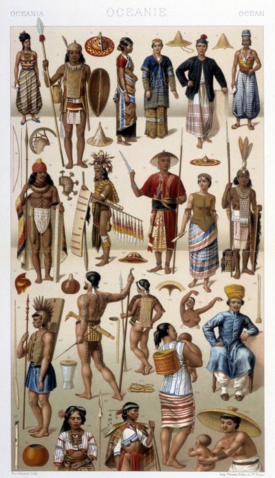 Malezya ve Polinezya (Okyanusya) Halkı. Racinet tarafından "" Le kostüm tarihi" "de illüstrasyon by Albert Charles August Racinet