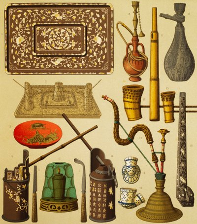 Sigara içenler tarafından kullanılan pipo ve nesneler, Schmidt tarafından The Complete Costume History, birinci cilt, Auguste Racinet (1825-1893), Paris by Albert Charles August Racinet