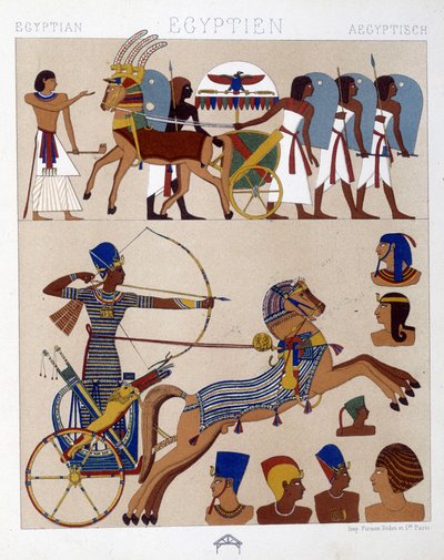 Tankında II. Ramses de dahil olmak üzere eski Mısır fresklerinin reprodüksiyonu - Racinet tarafından “Tarihi kostüm” by Albert Charles August Racinet