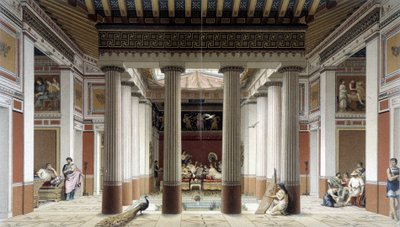 Yunan antik döneminde bir evin atriyumu - Racinet tarafından “” Tarihsel kostüm” ”de by Albert Charles August Racinet