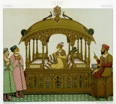 Babür imparatorlarının tahtı. Kromolitografik plaka - Racinet tarafından “” Le kostüm tarihi”nde by Albert Charles August Racinet