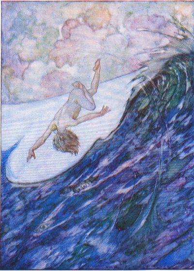 The Water Babies pub'dan, sudan bir yarda yükseklikte ve tepetaklak üç gemi verdi. Humphrey Milford Oxford University Press, yaklaşık 1930 (renkli lito) by Albert Edward Jackson