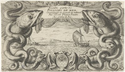 Deniz canlıları ve bir balık ağı sınırında deniz manzarası Balık ve diğer deniz canlıları - tuzlu su ikinci serisi (dizi başlığı) Poissons de mer (nesne üzerinde seri başlığı) by Albert Flamen