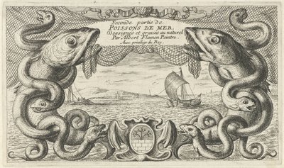Deniz canlıları ve bir balık ağı sınırında deniz manzarası Balık ve diğer deniz canlıları - tuzlu su ikinci serisi (dizi başlığı) Poissons de mer (nesne üzerinde seri başlığı) by Albert Flamen