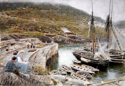 Boscastle (kağıt üzerine sulu boya ve gövde rengi) by Albert Goodwin