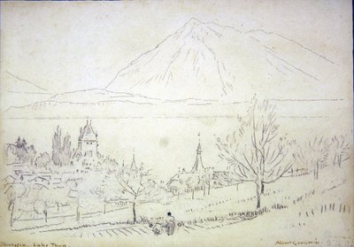 Thun Gölü, Oberhofen (kağıt üzerinde mürekkep ve kurşun kalem) by Albert Goodwin