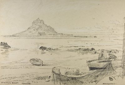 St. Michael Dağı, Cornwall, c.1870-80 (gemide kurşun kalem, mürekkep ve pastel boya) by Albert Goodwin
