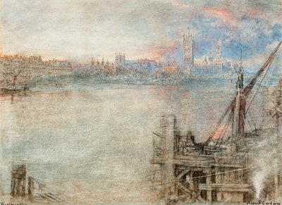 Günbatımında Westminster ve Parlamento Binası (kalem, siyah mürekkep ve suluboya ile kağıt üzerine kazıma) by Albert Goodwin