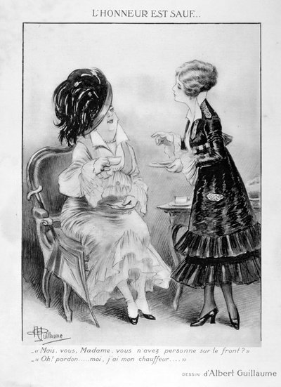 İki burjuva Fransız kadın hakkında bir karikatür, I. Dünya Savaşı, 1915 by Albert Guillaume