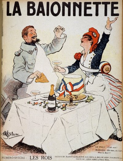 Krallar (Marianne ve bir pastanın etrafında bardakları tokuşturan kıllı bir adam) - Albert Guillaume (1873-1942) n.d. (20. yüzyıl) tarafından “” La Baionnette””de by Albert Guillaume