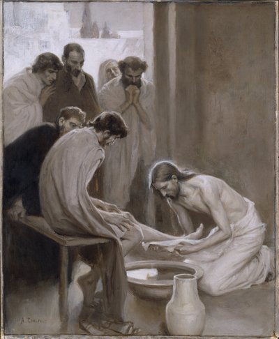 Mesih öğrencilerinin ayaklarını yıkıyor - Mesih, Havarilerin Ayaklarını Yıkanıyor, Edelfelt, Albert Gustaf Aristides (1854-1905). Grisaille by Albert Gustaf Aristides Edelfelt