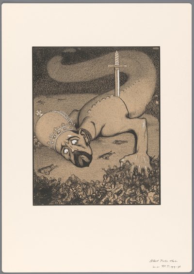Siyasi bir karikatür için tasarım: Justitia'nın kılıcı tarafından bıçaklanan taçlı başlı yılan by Albert Hahn (I)