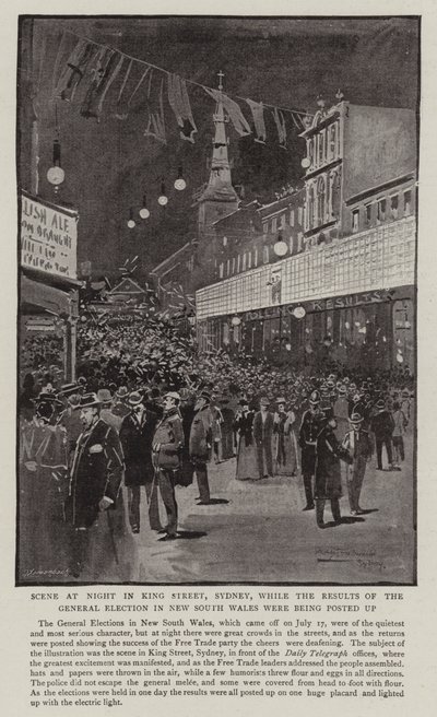 Yeni Güney Galler'deki Genel Seçim Sonuçları ilan edilirken Sidney, King Street'te Gece Sahnesi by Albert Henry Fullwood