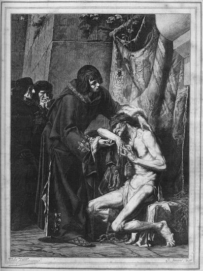Louis IX bir cüzzamlıyı konsolide eder: Fransa Kralı Saint Louis (1214-1270) ve bir cüzzam salgını sırasında hasta bir kişi. Albert Maignan