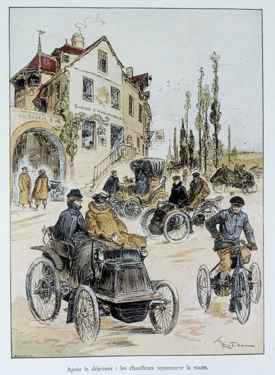 Kahvaltıdan sonra sürücüler yola dönüyor: Robida ile motorlu taşımacılığın başlangıcı by Albert Robida