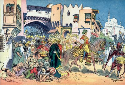 Aladdin şehrin sokaklarında at sürüyor ve etrafına para saçıyor Albert Robida'nın (1848-1926) "" les mille et une nuits"teki "Aladin ve harika lamba" masalı için çizimi ("" Aladdin" masalı için örnek) ” “Bir Tho  by Albert Robida
