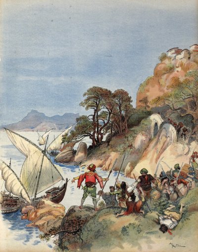 Berberi korsanları Akdeniz kıyılarında terör estiriyor, bölge sakinlerini köle olarak satmak için kaçırıyor, 'Francois Ier: Le Roi Chevalier, George G. Toudouze, pub. 1909 (renkli taş) by Albert Robida
