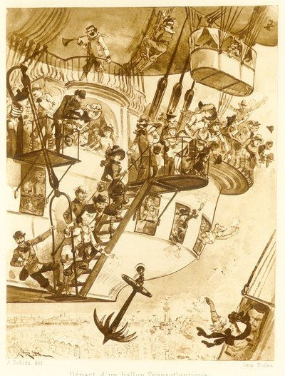 Transatlantik bir balonun kalkışı, Le Vingtieme Siecle, pub. 1883 litografi, 1883. by Albert Robida