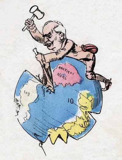 Ferdinand de Lesseps (1805-1894), Fransız diplomat ve yönetici, heykeltıraş ve kıtaları yiyip bitiren kişi.Caricature de Robida. by Albert Robida
