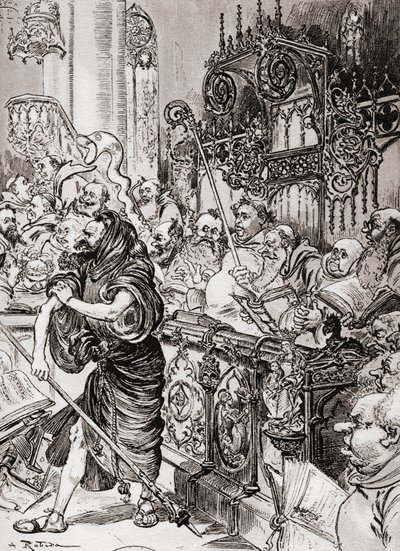 Kardeş Jean des Entommeures haçın kalesini ele geçirir veya Keşiş John des Entommeures haçın asasını ele geçirir. by Albert Robida