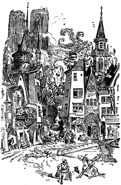 Dev Gargantua Paris#39;te yürüyor, yoluna panik ve yıkım ekiyor. Arka planda kuleleri göze çarpan Notre Dame de Paris Katedrali#39;ne tükürmeyi öğrenir. Bu tükürükle 3000#39;den fazla Parisli boğulacak! İllüstrasyon by Albert Robida