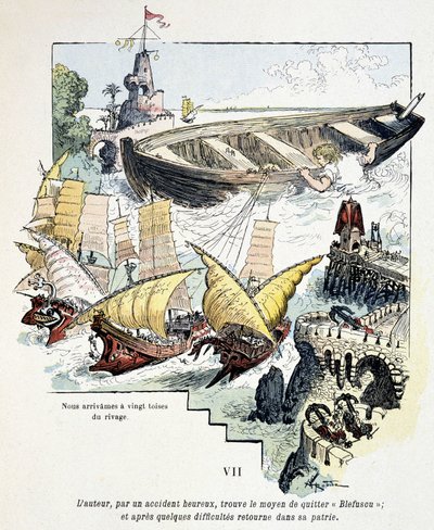 Gulliver ve Lilliputian limanındaki devasa teknesi - Jonathan Swift (1721) tarafından “” Voyages de Gulliver” de, hasta. Robida tarafından by Albert Robida