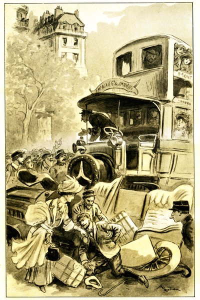 Leon Berthault#39;un “Le Record du Tour du Monde” adlı kitabı için Albert Robida (1848-1926) tarafından yapılan çizim, Mame#39;in ilk baskısı 20. yüzyıl (1911) - 1900 civarında Paris#39;te bir trafik kazası: bir omnibüsün arabaya çarpması. Sürücü yaralandı by Albert Robida