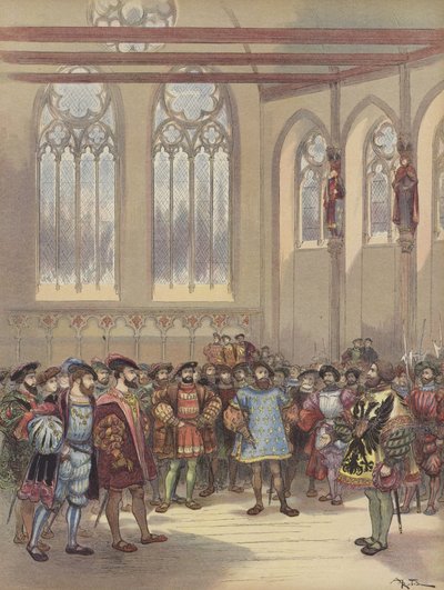 Charles-Quint tarafından gönderilen haberci Burgundy, Parlamentonun büyük salonunda Francois Ier tarafından karşılandı. by Albert Robida